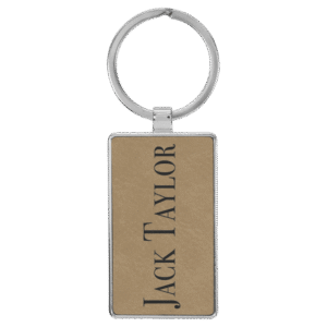 Custom engraved leatherette rectangle keychains with metal ring, personalized name Jack Taylor