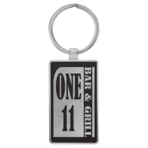 custom bar and grill Rectangle keychain engraved leatherette black silver keychain