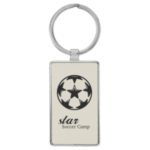soccer rectangle keychain engraved leatherette white custom soccer camp keychain
