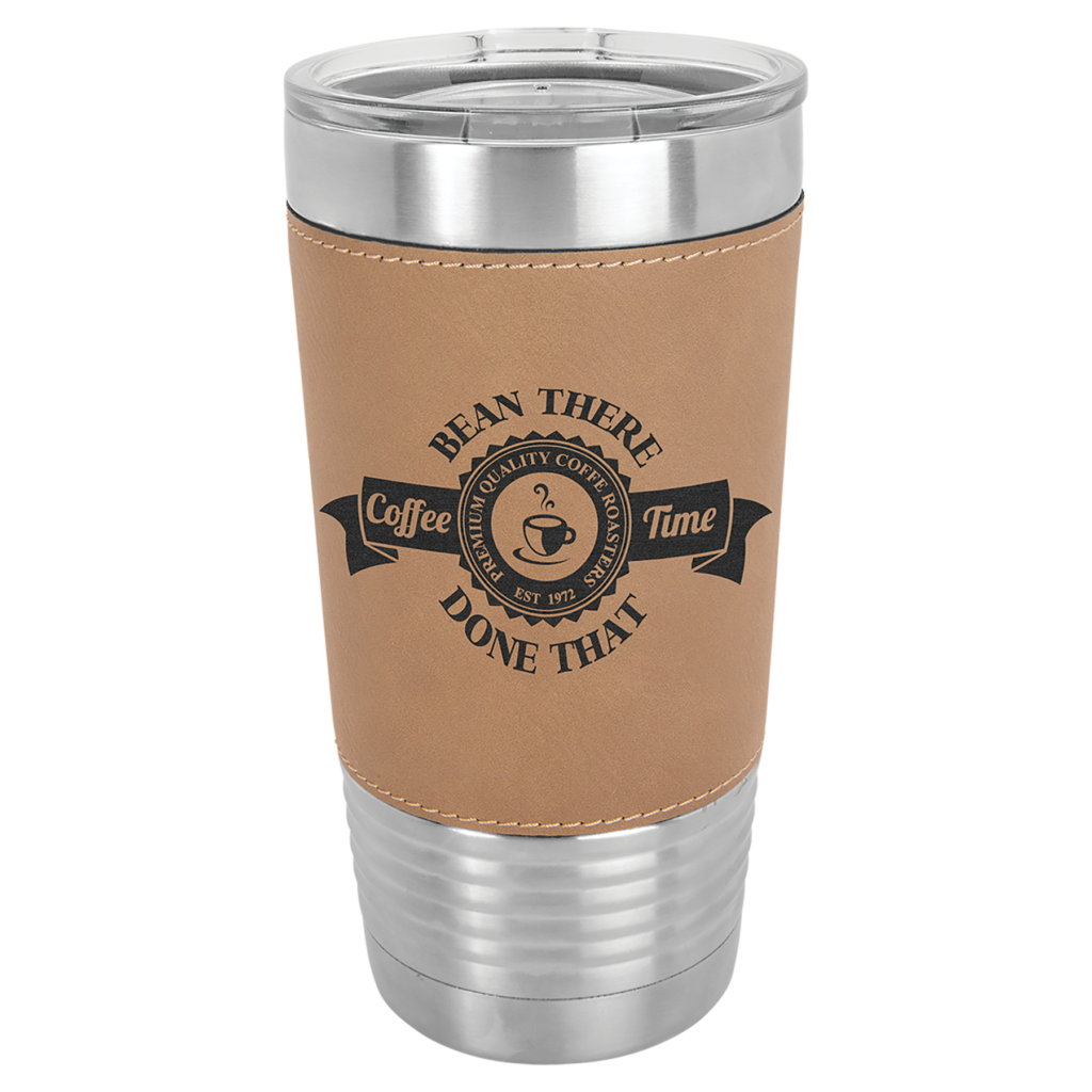 Custom engraved light brown Polar Camel leatherette grip tumbler stainless steel