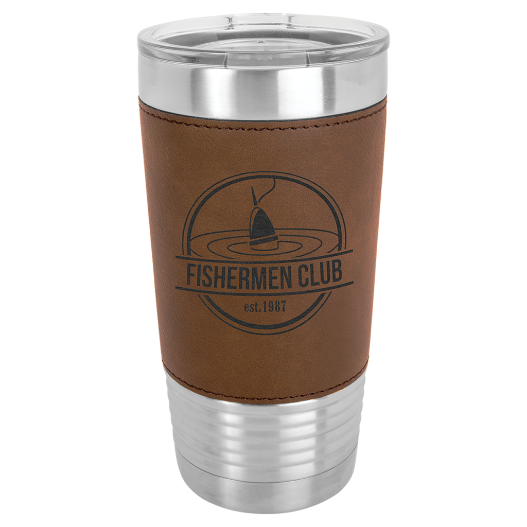 Custom engraved dark brown Polar Camel leatherette grip tumbler stainless steel