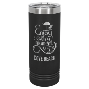 Black Polar Camel 22 oz skinny tumbler engraved Enjoy Every Moment Cove Beach design