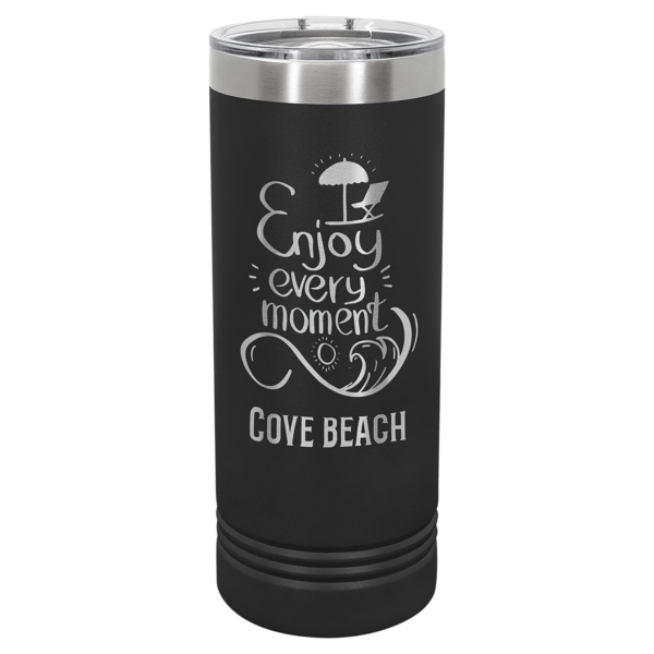 Black Polar Camel 22 oz skinny tumbler engraved Enjoy Every Moment Cove Beach design