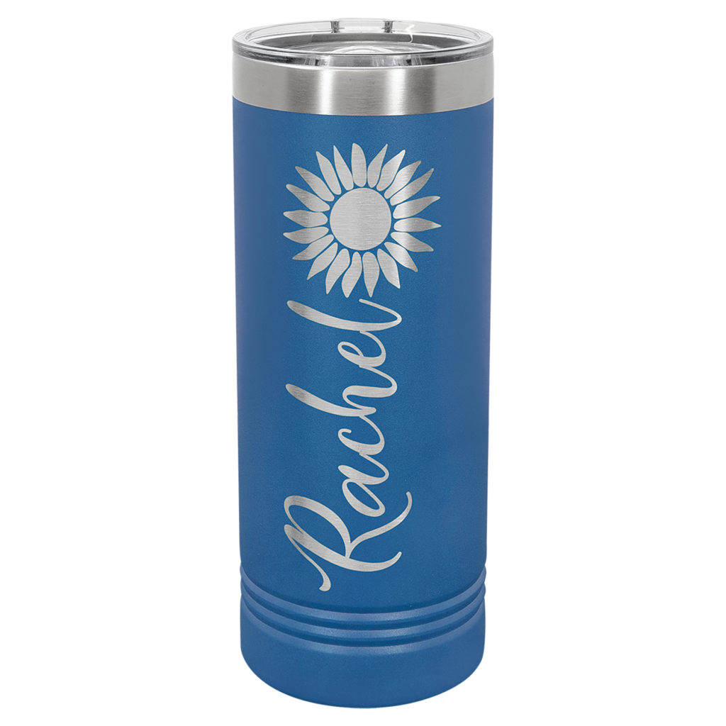 Royal blue Polar Camel 22 oz skinny tumbler engraved Rachel with sunflower design