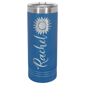 Royal blue Polar Camel 22 oz skinny tumbler engraved Rachel with sunflower design