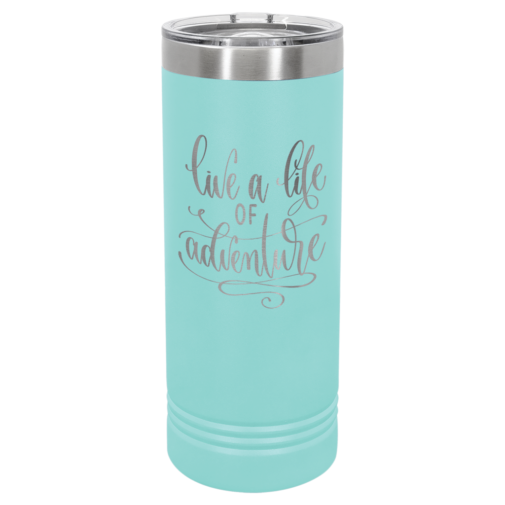 Teal Polar Camel 22 oz skinny tumbler engraved Live a Life of Adventure design