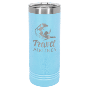 Light blue Polar Camel 22 oz skinny tumbler engraved travel airlines globe airplane design