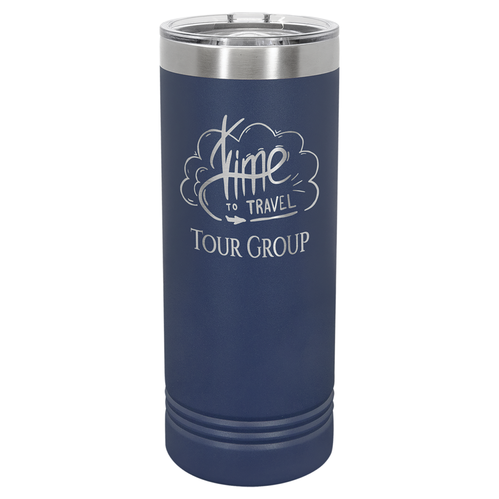 Navy blue Polar Camel 22 oz skinny tumbler engraved Time to Travel tour group design