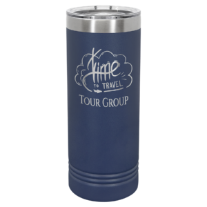 Navy blue Polar Camel 22 oz skinny tumbler engraved Time to Travel tour group design