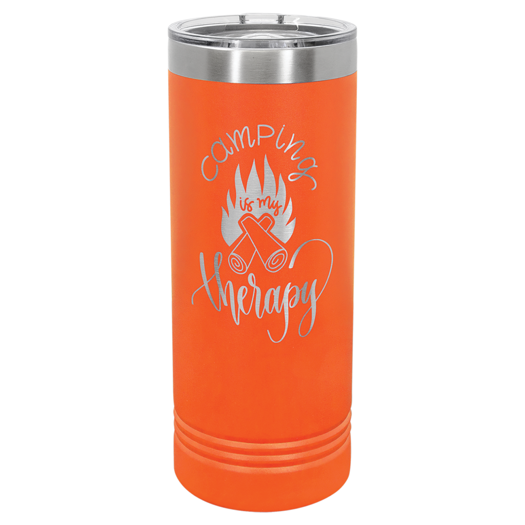Orange Polar Camel 22 oz skinny tumbler engraved Camping is My Therapy design