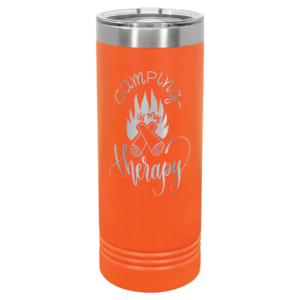 Orange Polar Camel 22 oz skinny tumbler engraved Camping is My Therapy design