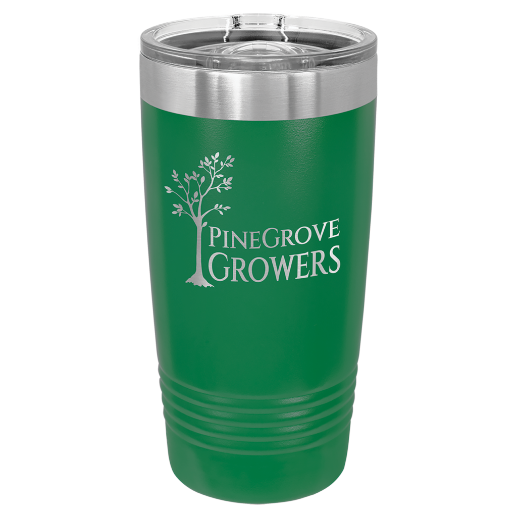 Green Polar Camel 20 oz ringneck tumbler engraved PineGrove Growers logo