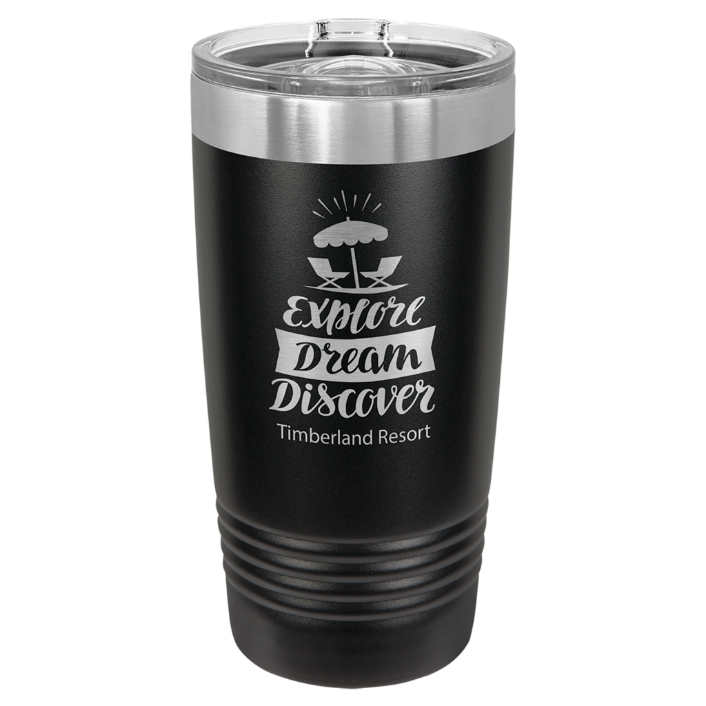 Black Polar Camel 20 oz ringneck tumbler engraved Explore Dream Discover Timberland Resort design