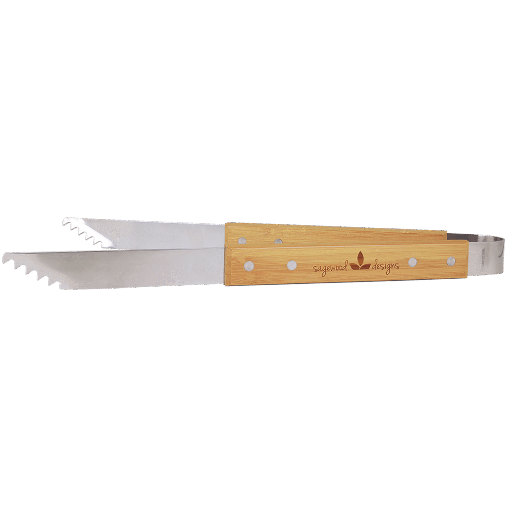 Stainless steel barbecue tongs with bamboo handles on a transparent background