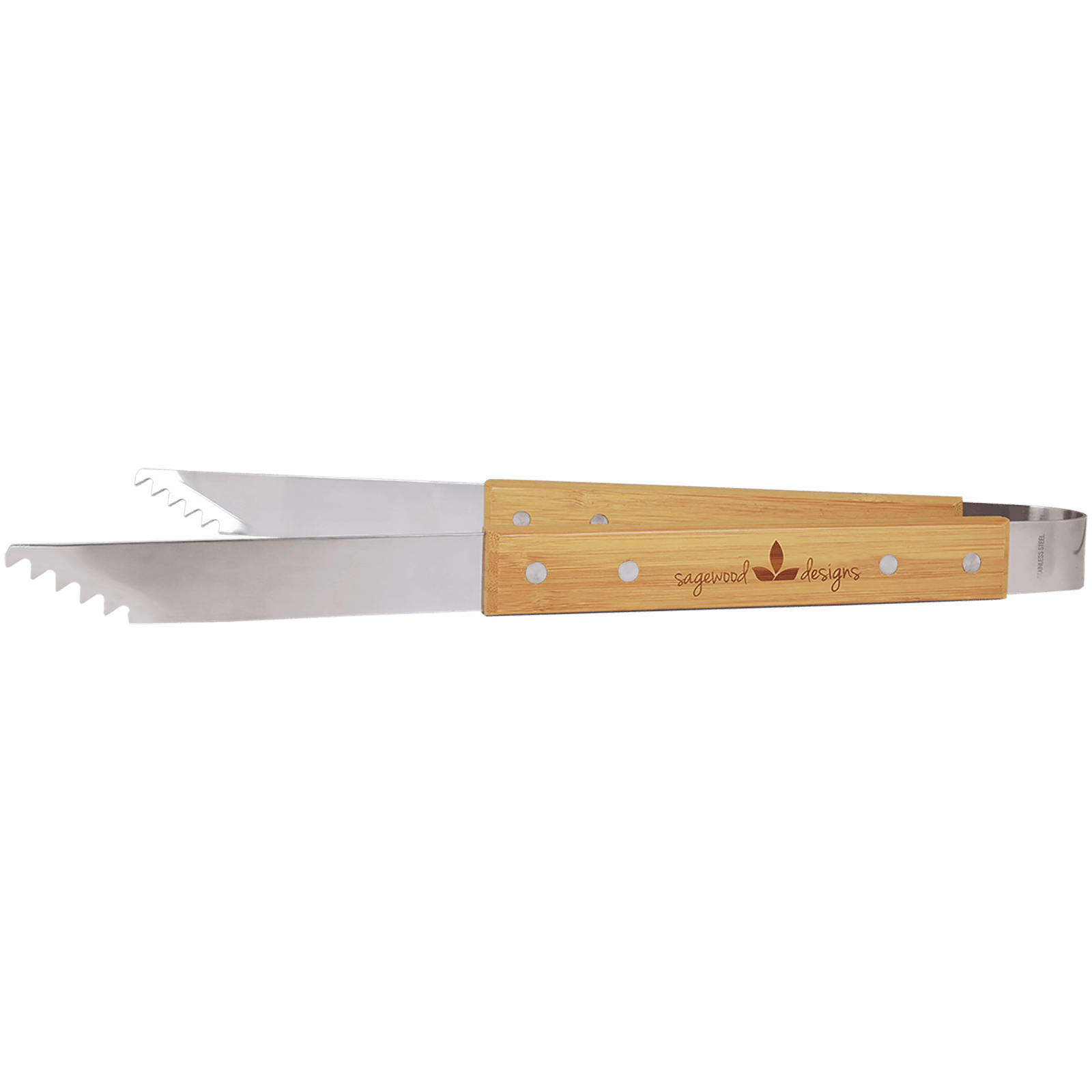 Stainless steel barbecue tongs with bamboo handles on a transparent background
