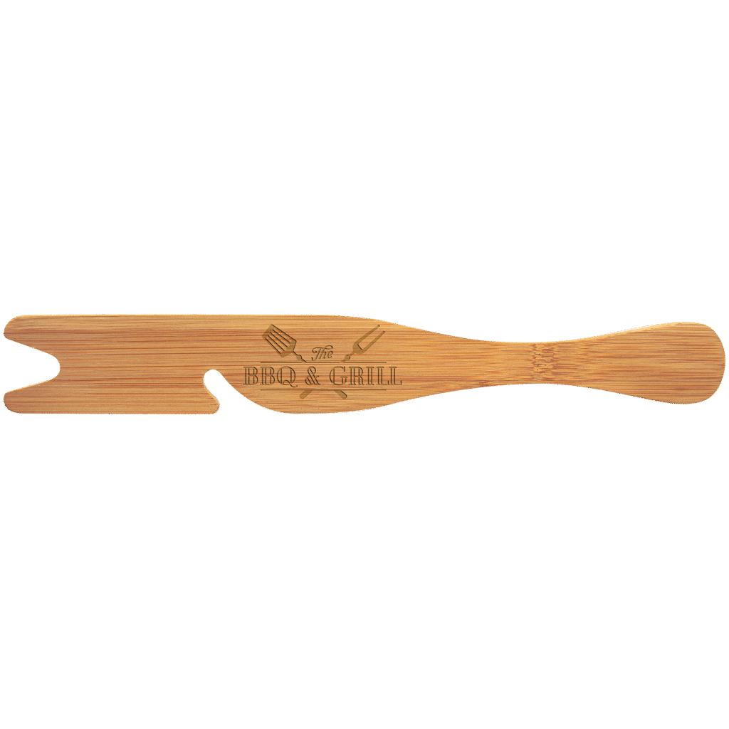 Bamboo oven rack tool with engraved BBQ design on a transparent background