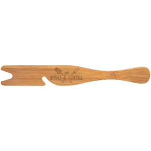 Bamboo oven rack tool with engraved BBQ design on a transparent background