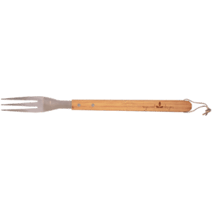 Stainless steel barbecue fork with bamboo handle and engraved logo on a transparent background
