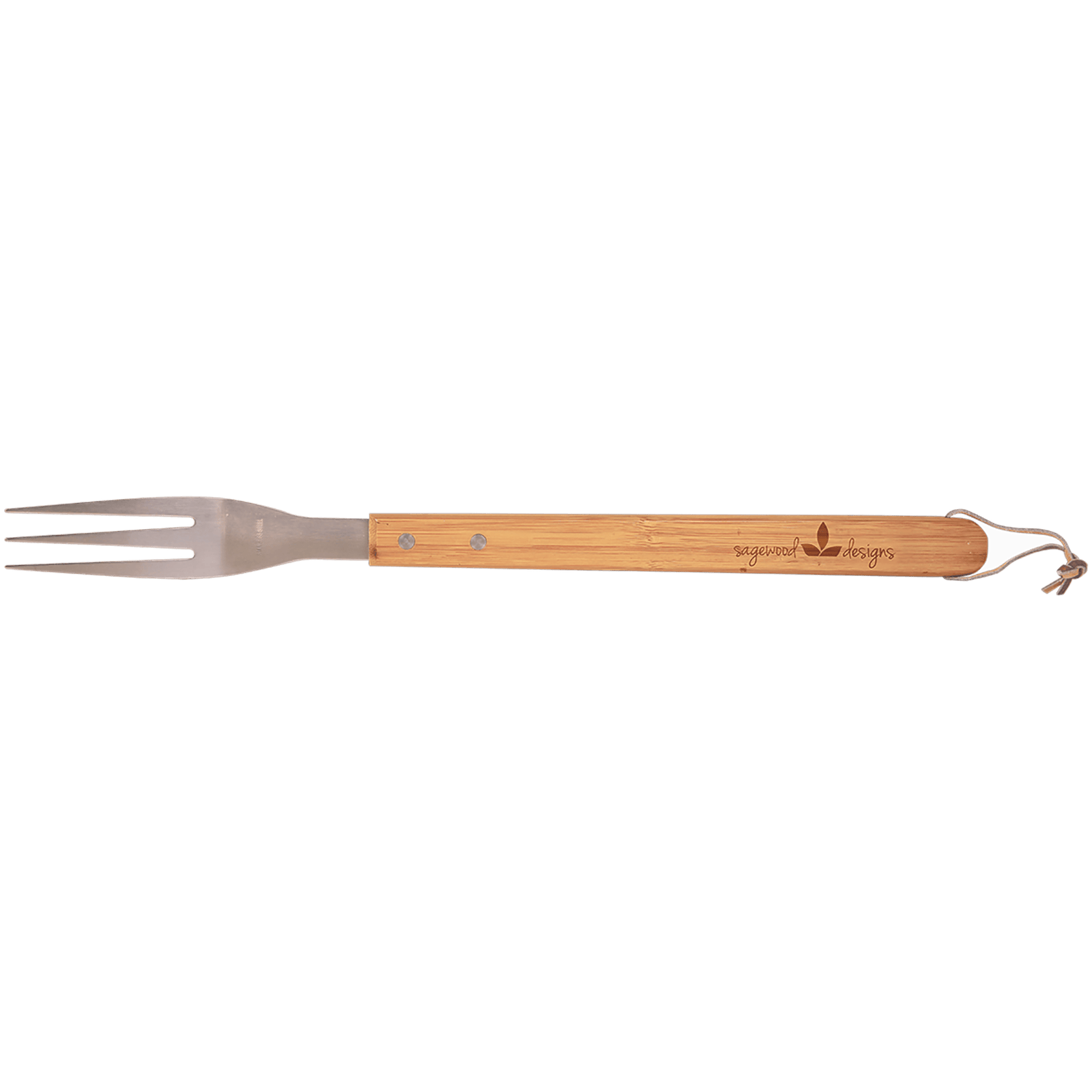 Stainless steel barbecue fork with bamboo handle and engraved logo on a transparent background