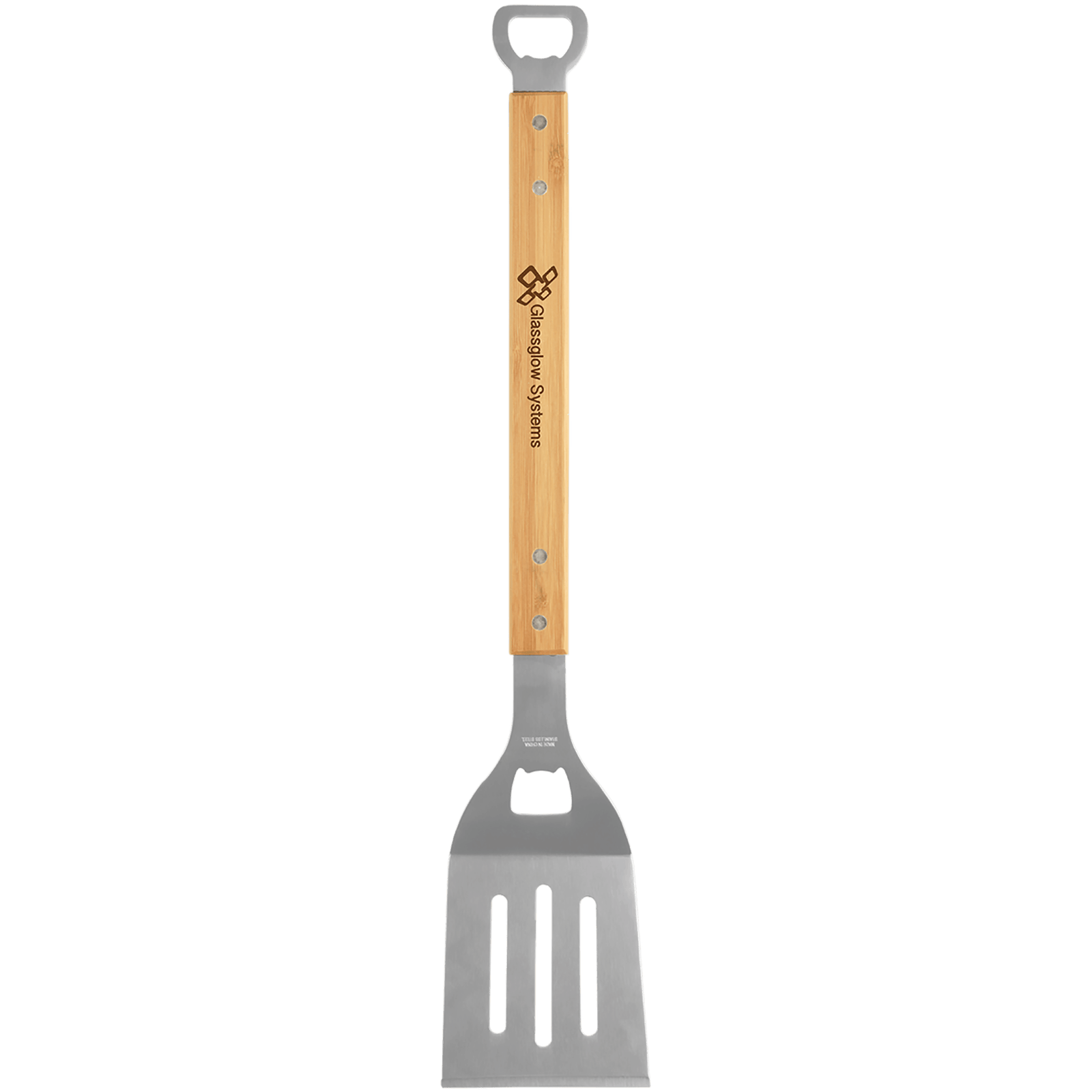 Stainless steel barbecue spatula with bamboo handle and engraved logo, featuring a built in bottle opener on a transparent background