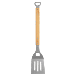 Custom BBQ Spatula Bamboo Handle spatula with bamboo handle and bottle opener on a transparent background
