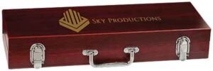 Closed rosewood barbecue tool set box with metal latches and engraved logo