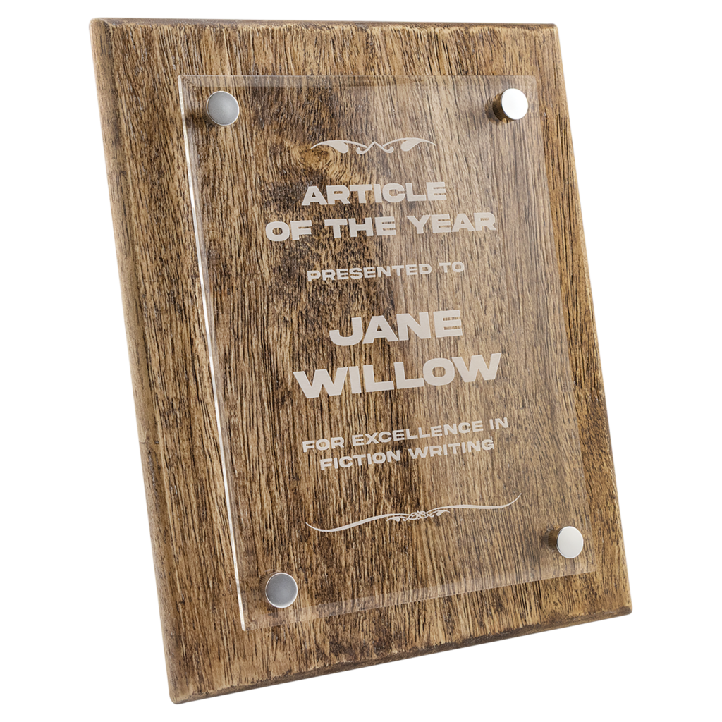 Custom Acrylic Plaque floating with wood backing engraved award