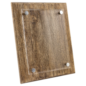 Custom Acrylic Plaque floating with wood backing clear panel and standoffs