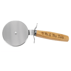 Stainless steel pizza cutter with bamboo handle and engraved text on a transparent background