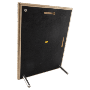 back of acrylic floating plaque with wood backing keyhole mount and stand