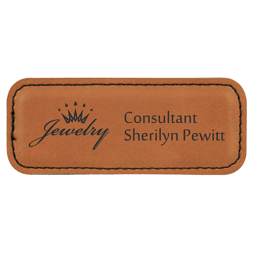 Rawhide leatherette engraved name badge with magnet – custom name tag