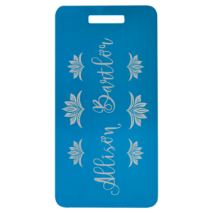 Blue anodized aluminum luggage tag engraved with the name Allison Bartley and floral accents.