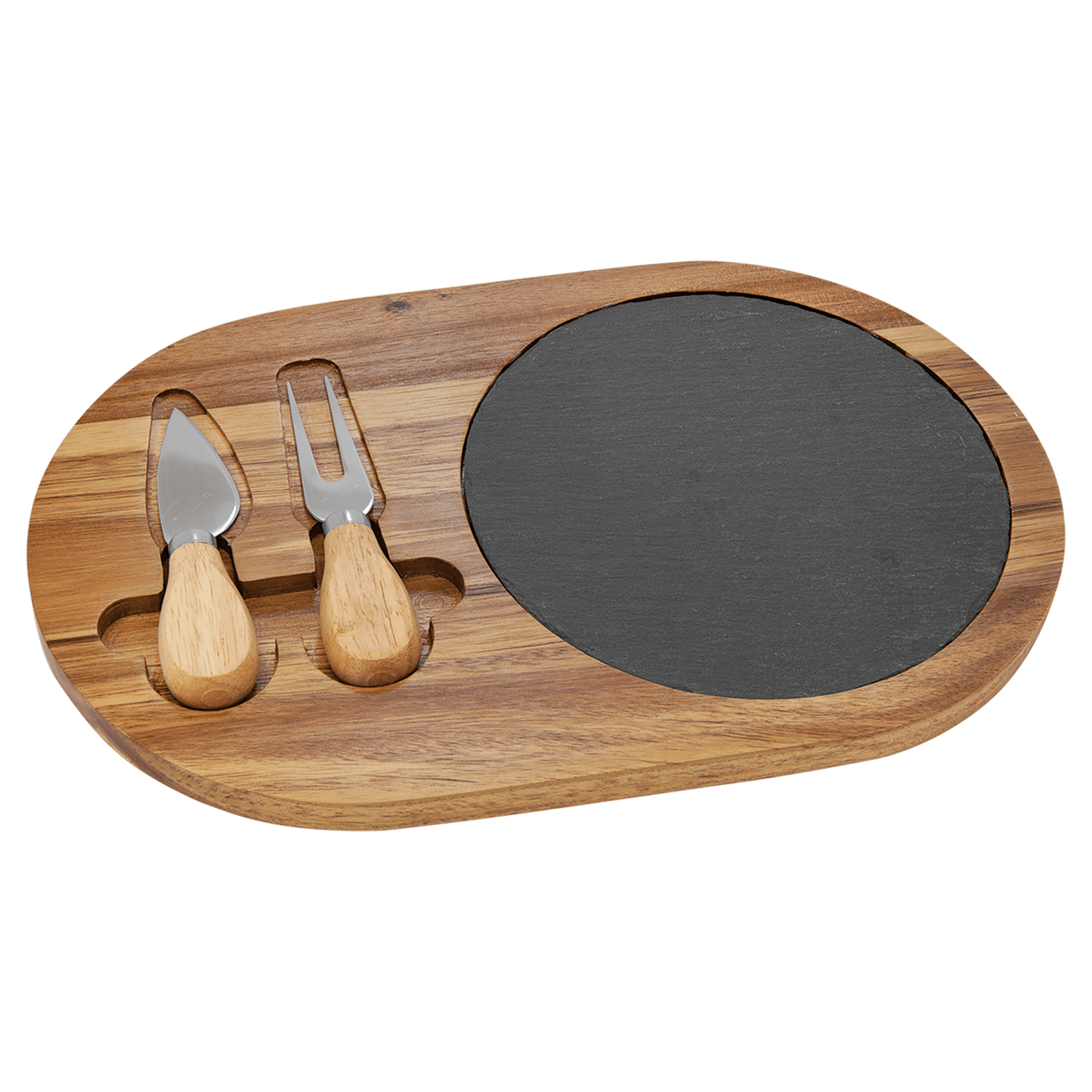 Acacia wood and slate oval cheese serving board with two stainless steel cheese tools and wooden handles on a transparent background.