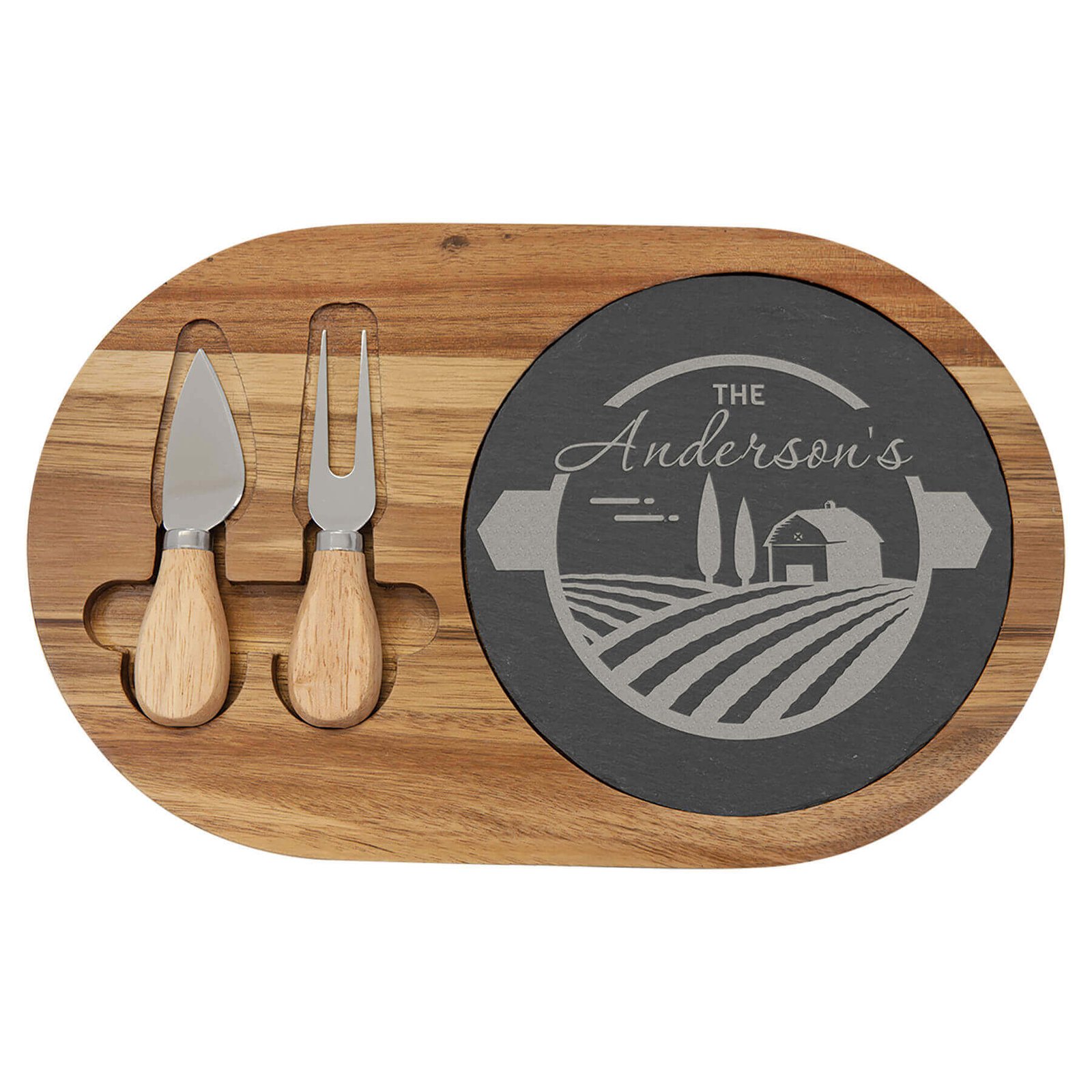 Personalized acacia wood and slate oval cheese set with two tools and custom engraving