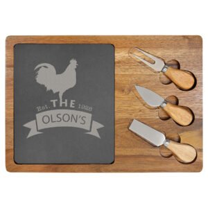 Engraved acacia wood and slate cheese board set with 3 cheese tools and custom family name design