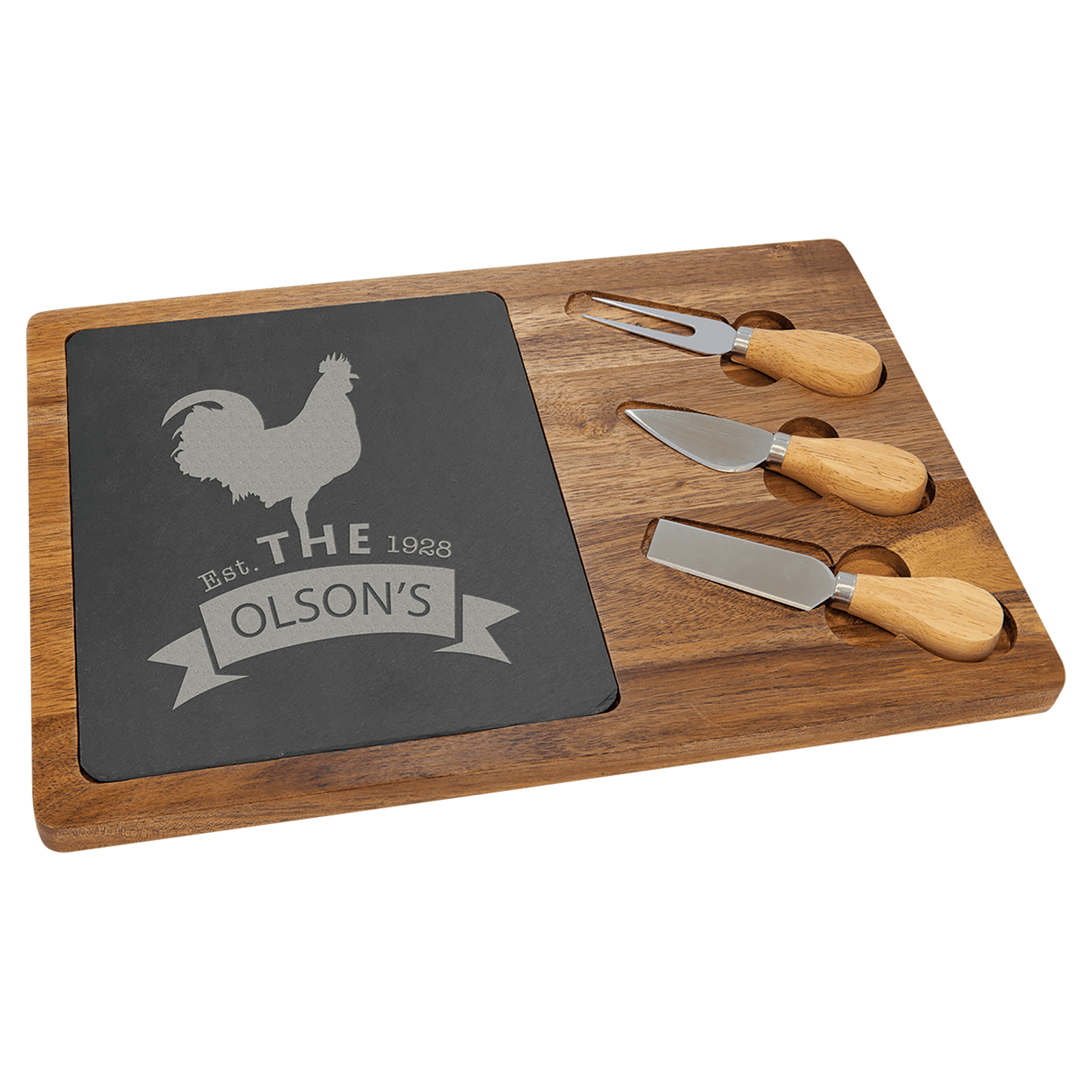 Angled engraved acacia wood and slate cheese board set with 3 cheese tools