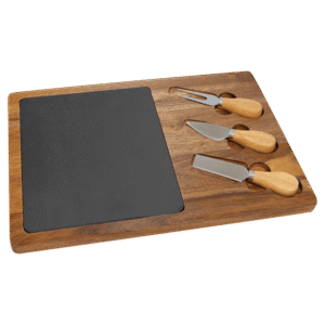 Blank acacia wood and slate cheese board set with 3 cheese tools for laser engraving
