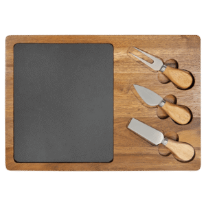 Personalized acacia wood and slate cheese board set with 3 cheese tools and custom laser engraving