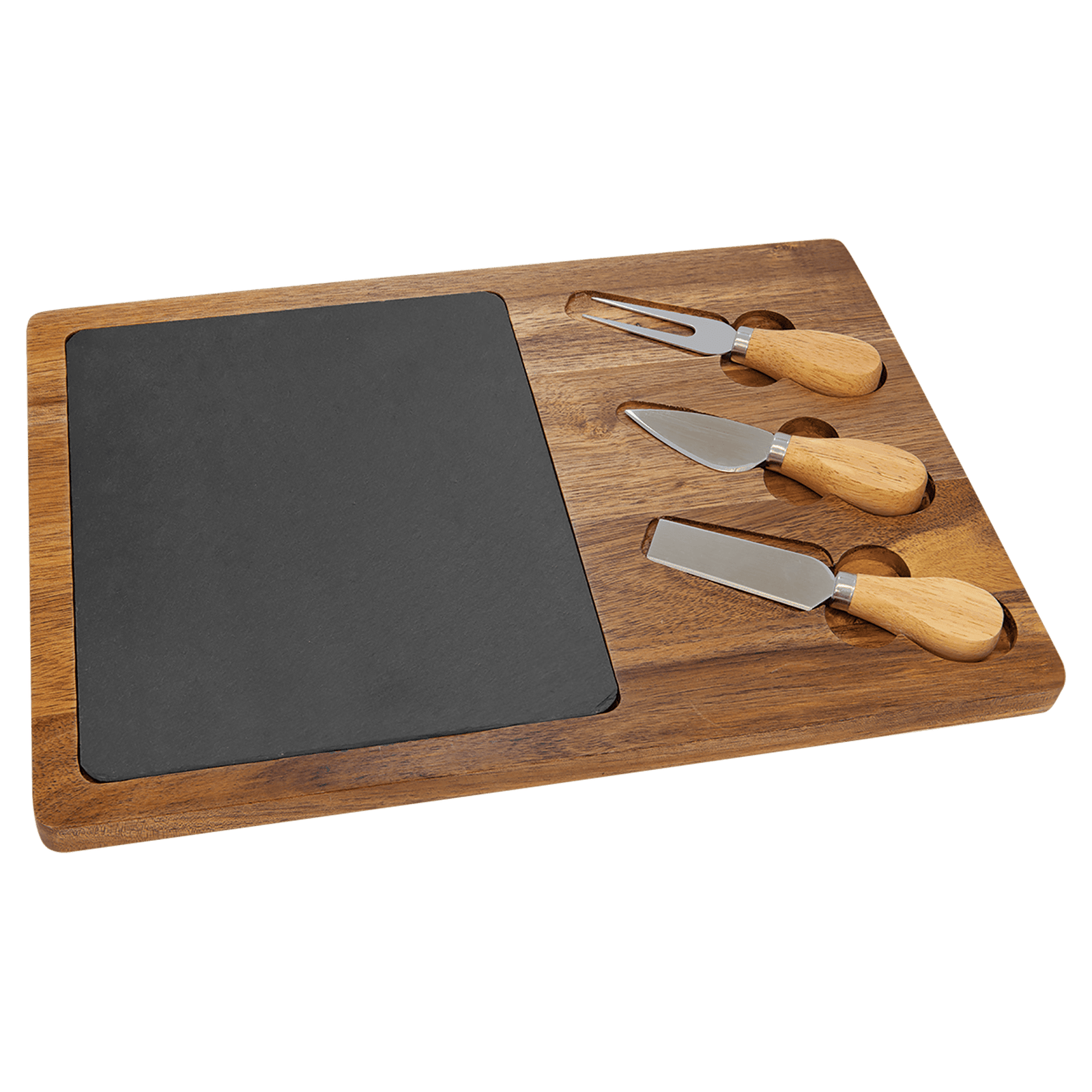 Blank acacia wood and slate cheese board set with 3 cheese tools for laser engraving
