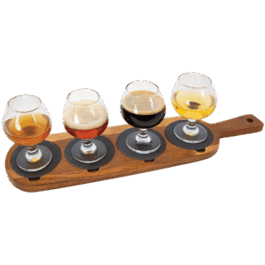 Acacia wood serving board with slate coasters holding tasting glasses for entertaining