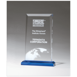 Custom laser engraved acrylic award with blue base for employee recognition, corporate awards, and achievement celebrations