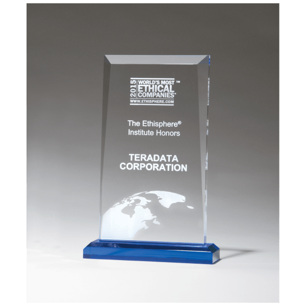 Custom laser engraved acrylic award with blue base for employee recognition, corporate awards, and achievement celebrations