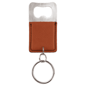 Blank rawhide leatherette bottle opener keychain with brushed stainless steel opener and split key ring.