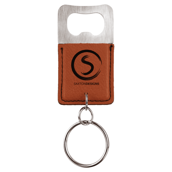 Leatherette bottle opener keychain with brushed metal opener top and brown stitched leatherette body featuring the Saxton Designs logo.