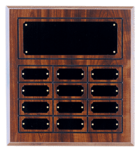 Cherry finish perpetual plaque with 12 engraved name plates for awards and recognition