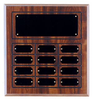 Cherry finish perpetual plaque with 12 engraved name plates for awards and recognition