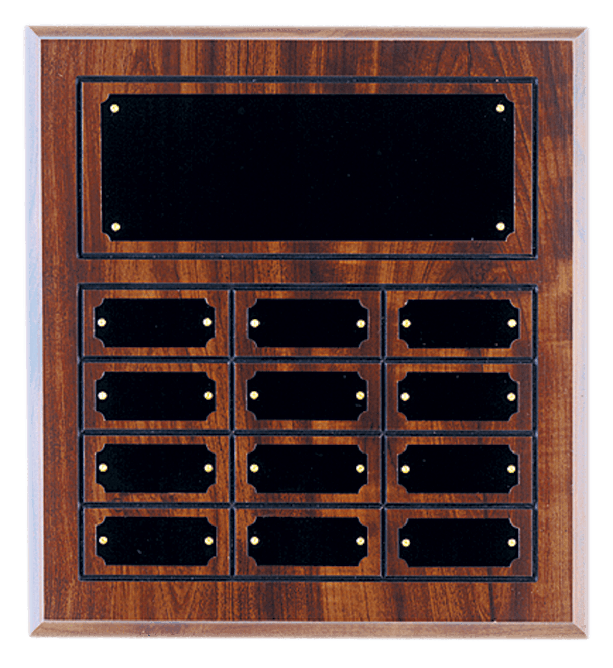 Cherry finish perpetual plaque with 12 engraved name plates for awards and recognition