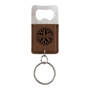 Dark brown personalized leatherette bottle opener keychain with laser engraved design