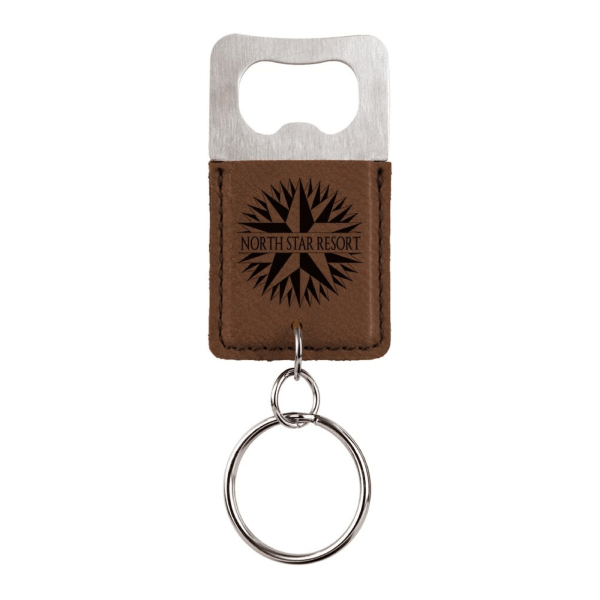 Dark brown personalized leatherette bottle opener keychain with laser engraved design