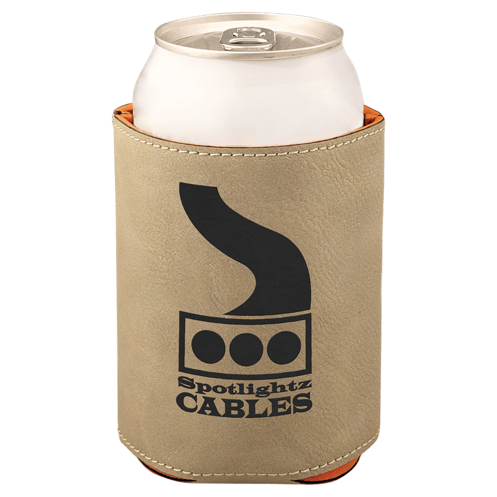 Light brown personalized leatherette beverage holder with custom laser engraved logo